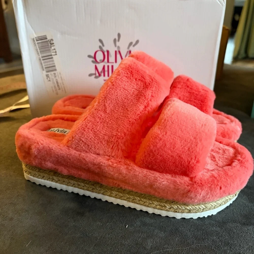 Olivia Miller Fuzzy Platform Slides Orange Size 7